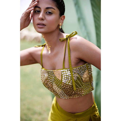 Amrood Green Crop Top with Skirt and Cape (Set of 3)