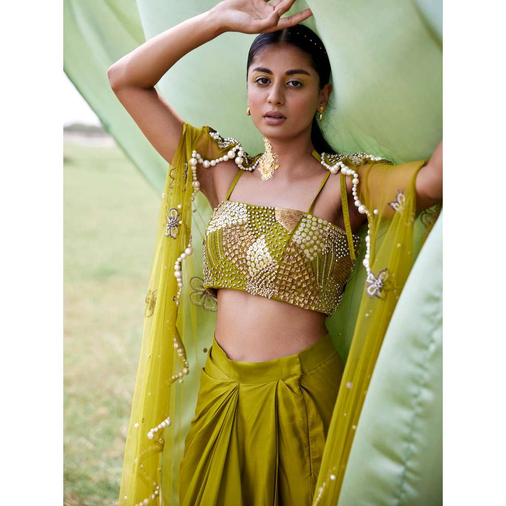 Amrood Green Crop Top with Skirt and Cape (Set of 3)