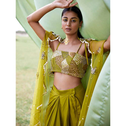 Amrood Green Crop Top with Skirt and Cape (Set of 3)