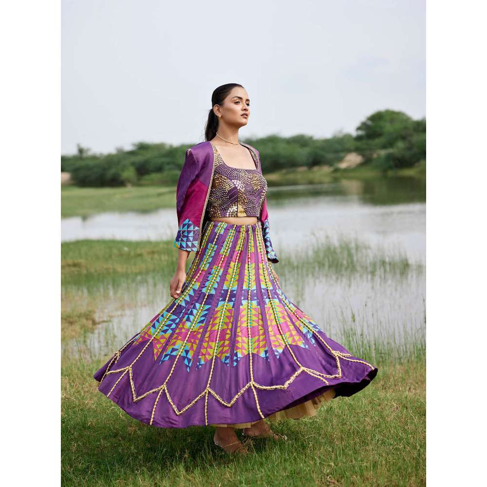 Amrood Purple Crop Top with Lehenga and Jacket (Set of 3)