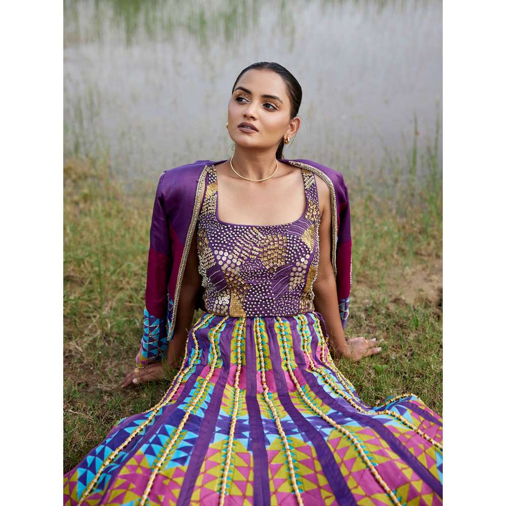 Amrood Purple Crop Top with Lehenga and Jacket (Set of 3)