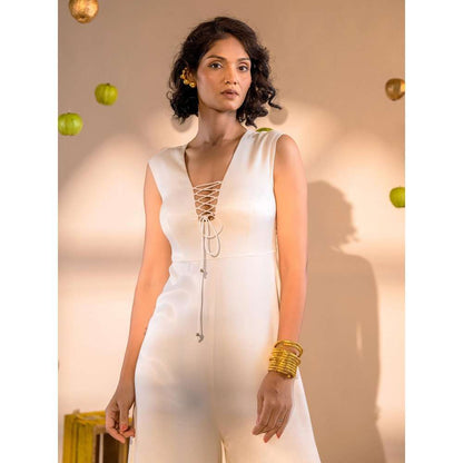 Amrood Off White Solid/Plain Jumpsuit