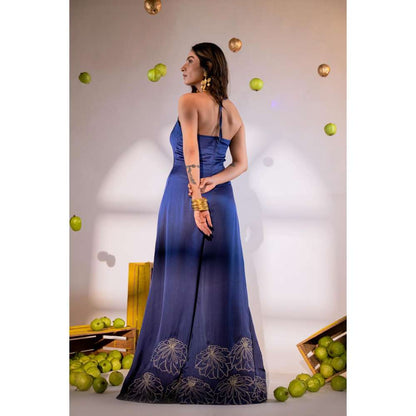 Amrood Blue Halter Neck Jumpsuit with Embroidery