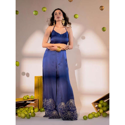 Amrood Blue Halter Neck Jumpsuit with Embroidery