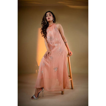 Amrood Peach Ruffle Neck Embroidery Dress with Inner (Set of 2)