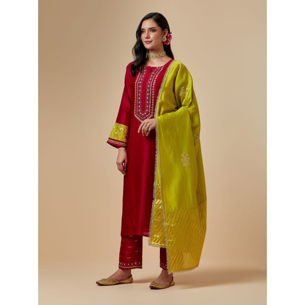 Anantaa by Roohi Trehan Lime Green Hand Embroidered Silk Chanderi Dupatta