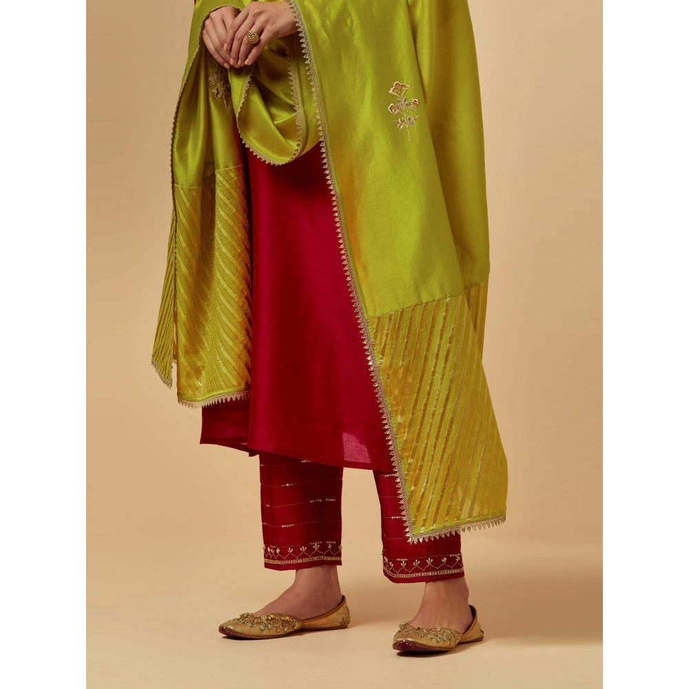 Anantaa by Roohi Trehan Lime Green Hand Embroidered Silk Chanderi Dupatta