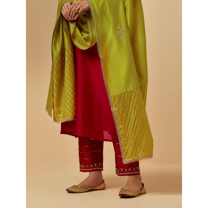 Anantaa by Roohi Trehan Lime Green Hand Embroidered Silk Chanderi Dupatta