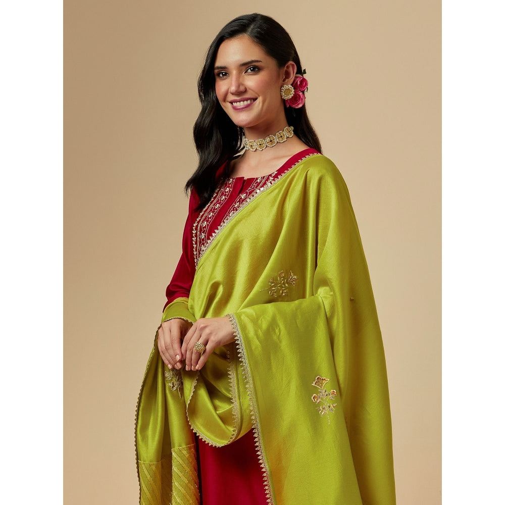 Anantaa by Roohi Trehan Lime Green Hand Embroidered Silk Chanderi Dupatta