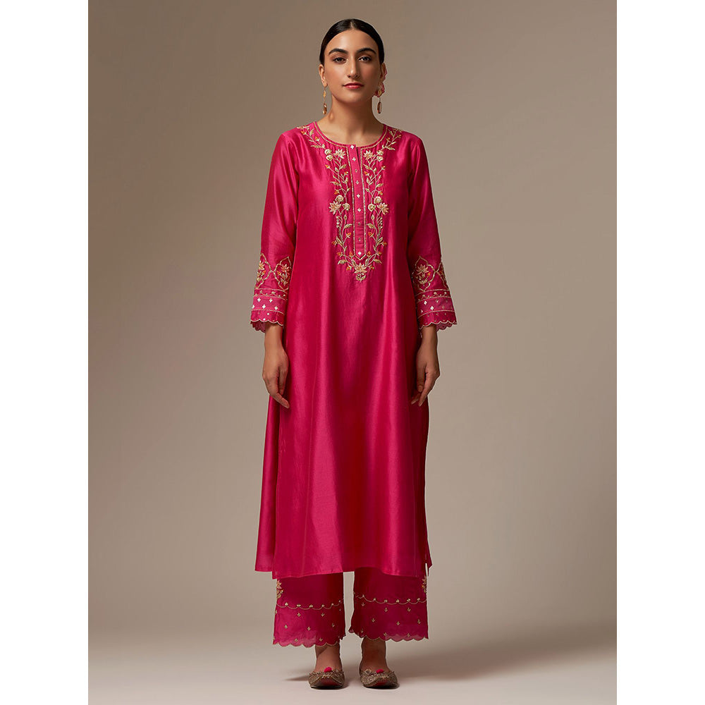 Anantaa by Roohi Trehan Pink Silk Chanderi A-Line Kurta With Hand Embroidery