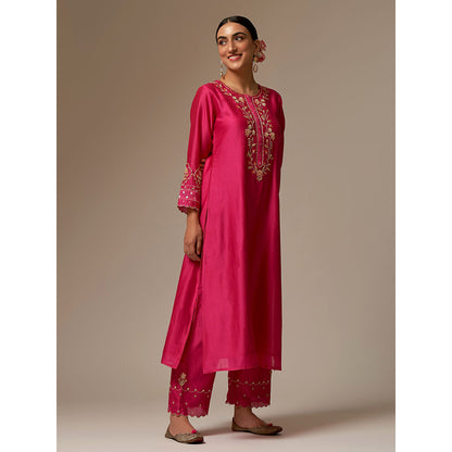 Anantaa by Roohi Trehan Pink Silk Chanderi A-Line Kurta With Hand Embroidery