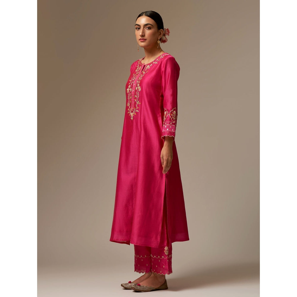 Anantaa by Roohi Trehan Pink Silk Chanderi A-Line Kurta With Hand Embroidery