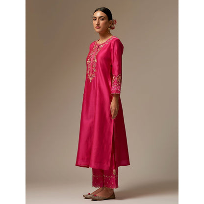 Anantaa by Roohi Trehan Pink Silk Chanderi A-Line Kurta With Hand Embroidery
