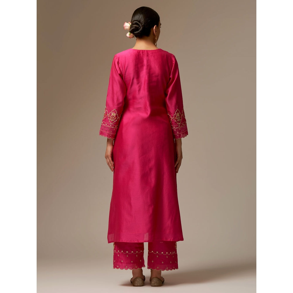 Anantaa by Roohi Trehan Pink Silk Chanderi A-Line Kurta With Hand Embroidery