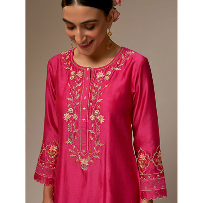 Anantaa by Roohi Trehan Pink Silk Chanderi A-Line Kurta With Hand Embroidery