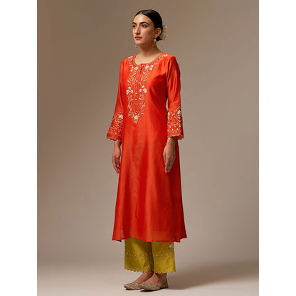 Anantaa by Roohi Trehan Orange Silk Chanderi A-Line Kurta With Hand Embroidery