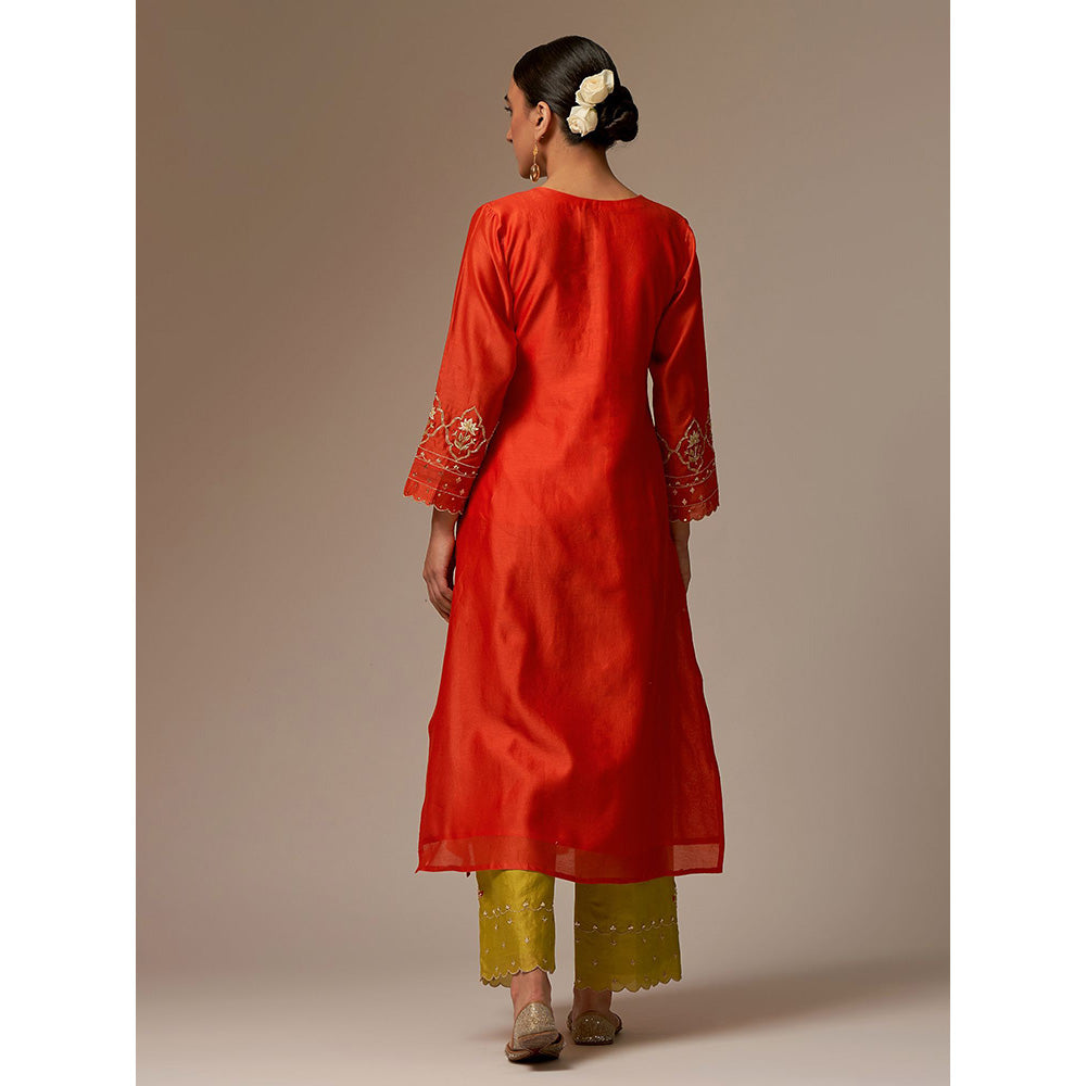Anantaa by Roohi Trehan Orange Silk Chanderi A-Line Kurta With Hand Embroidery