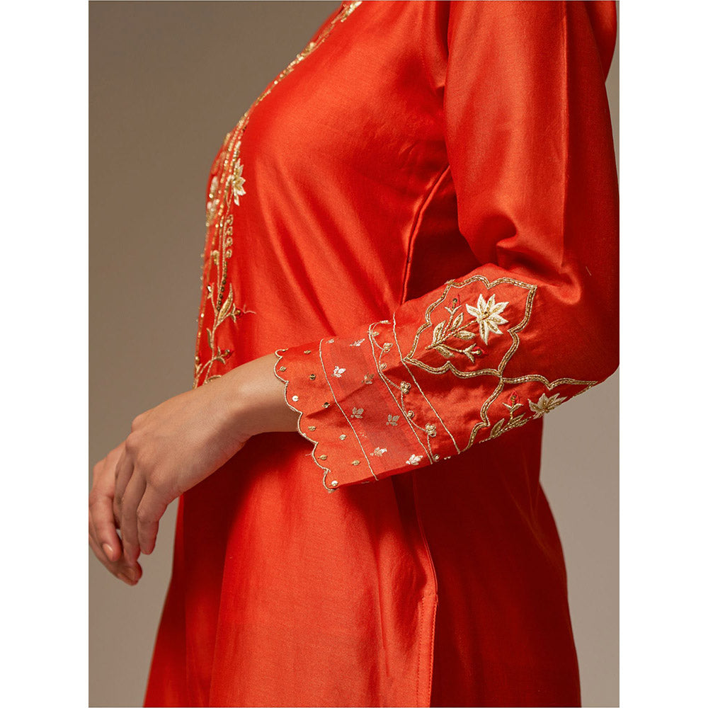 Anantaa by Roohi Trehan Orange Silk Chanderi A-Line Kurta With Hand Embroidery
