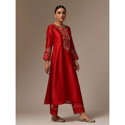 Anantaa by Roohi Trehan Red Silk Chanderi A-Line Kurta With Hand Embroidery