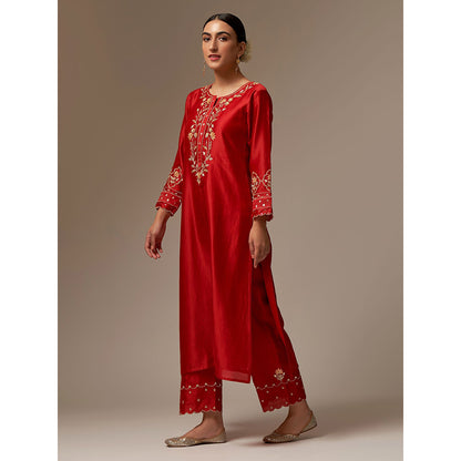 Anantaa by Roohi Trehan Red Silk Chanderi A-Line Kurta With Hand Embroidery