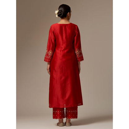 Anantaa by Roohi Trehan Red Silk Chanderi A-Line Kurta With Hand Embroidery