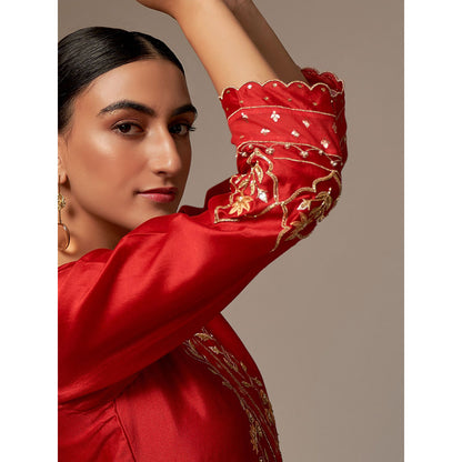 Anantaa by Roohi Trehan Red Silk Chanderi A-Line Kurta With Hand Embroidery