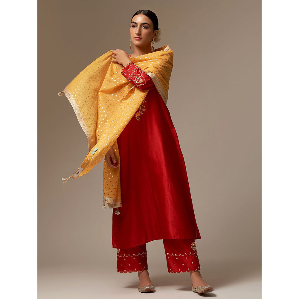 Anantaa by Roohi Trehan Red Silk Chanderi A-Line Kurta With Hand Embroidery