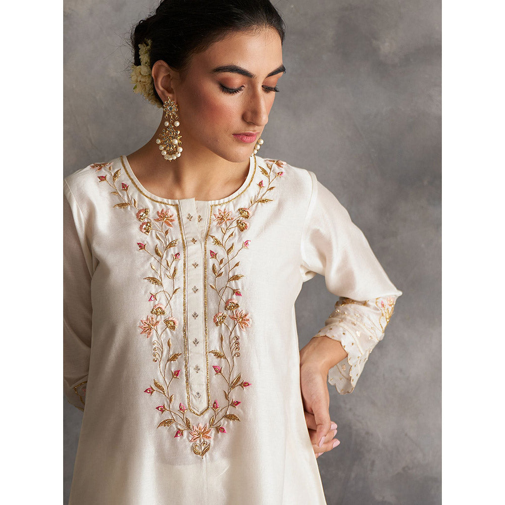 Anantaa by Roohi Trehan Off White Silk Chanderi A-Line Kurta With Hand Embroidery