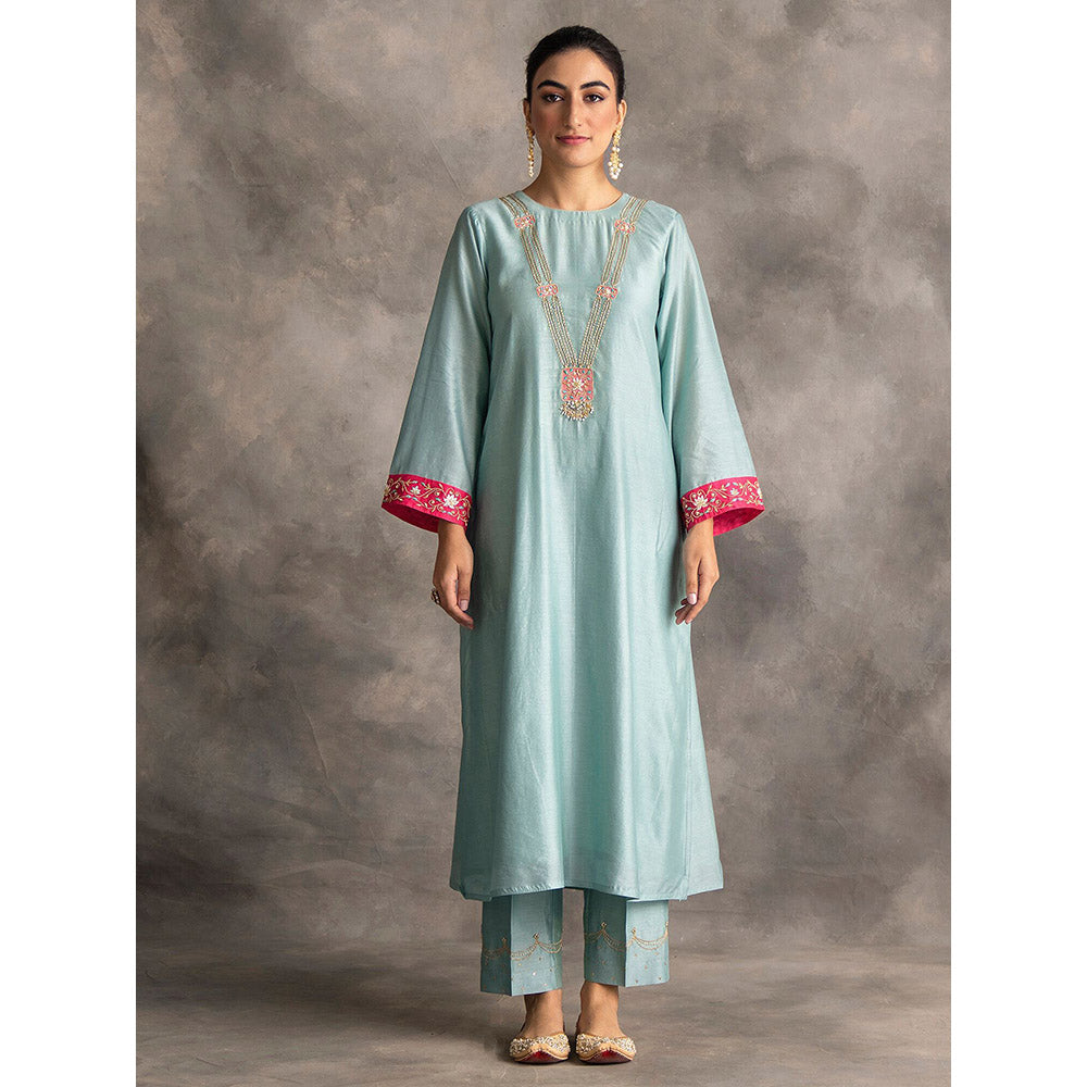 Anantaa by Roohi Trehan Blue Silk Chanderi A-Line Kurta With Hand Embroidery