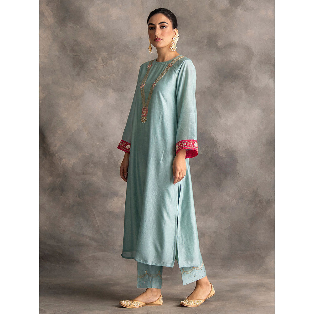 Anantaa by Roohi Trehan Blue Silk Chanderi A-Line Kurta With Hand Embroidery