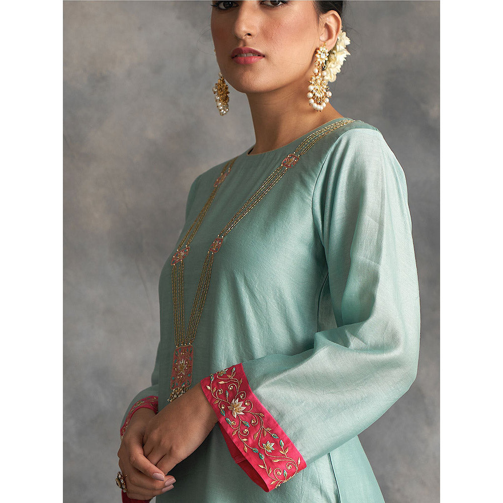 Anantaa by Roohi Trehan Blue Silk Chanderi A-Line Kurta With Hand Embroidery