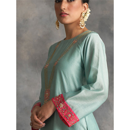 Anantaa by Roohi Trehan Blue Silk Chanderi A-Line Kurta With Hand Embroidery