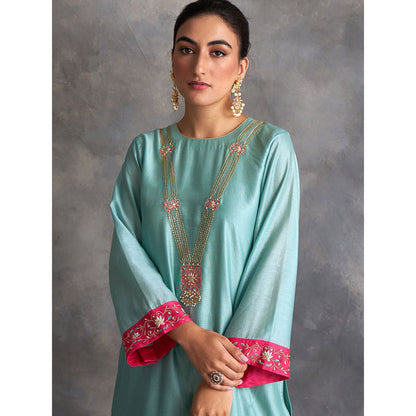 Anantaa by Roohi Trehan Blue Silk Chanderi A-Line Kurta With Hand Embroidery