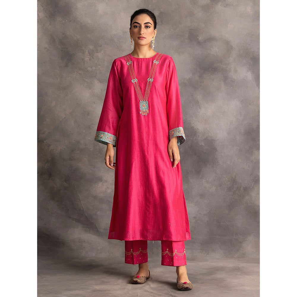 Anantaa by Roohi Trehan Pink Silk Chanderi A-Line Kurta With Hand Embroidery