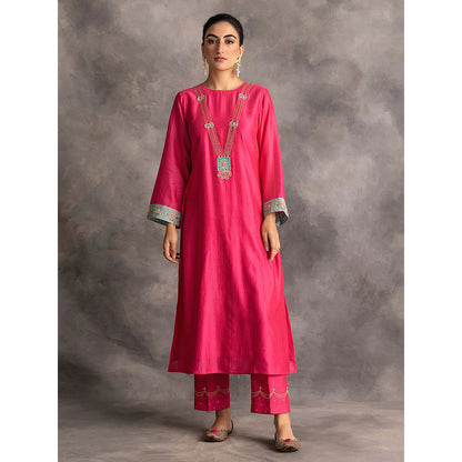 Anantaa by Roohi Trehan Pink Silk Chanderi A-Line Kurta With Hand Embroidery