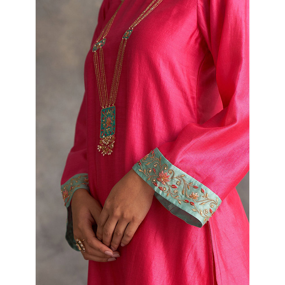 Anantaa by Roohi Trehan Pink Silk Chanderi A-Line Kurta With Hand Embroidery