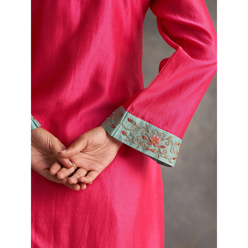 Anantaa by Roohi Trehan Pink Silk Chanderi A-Line Kurta With Hand Embroidery