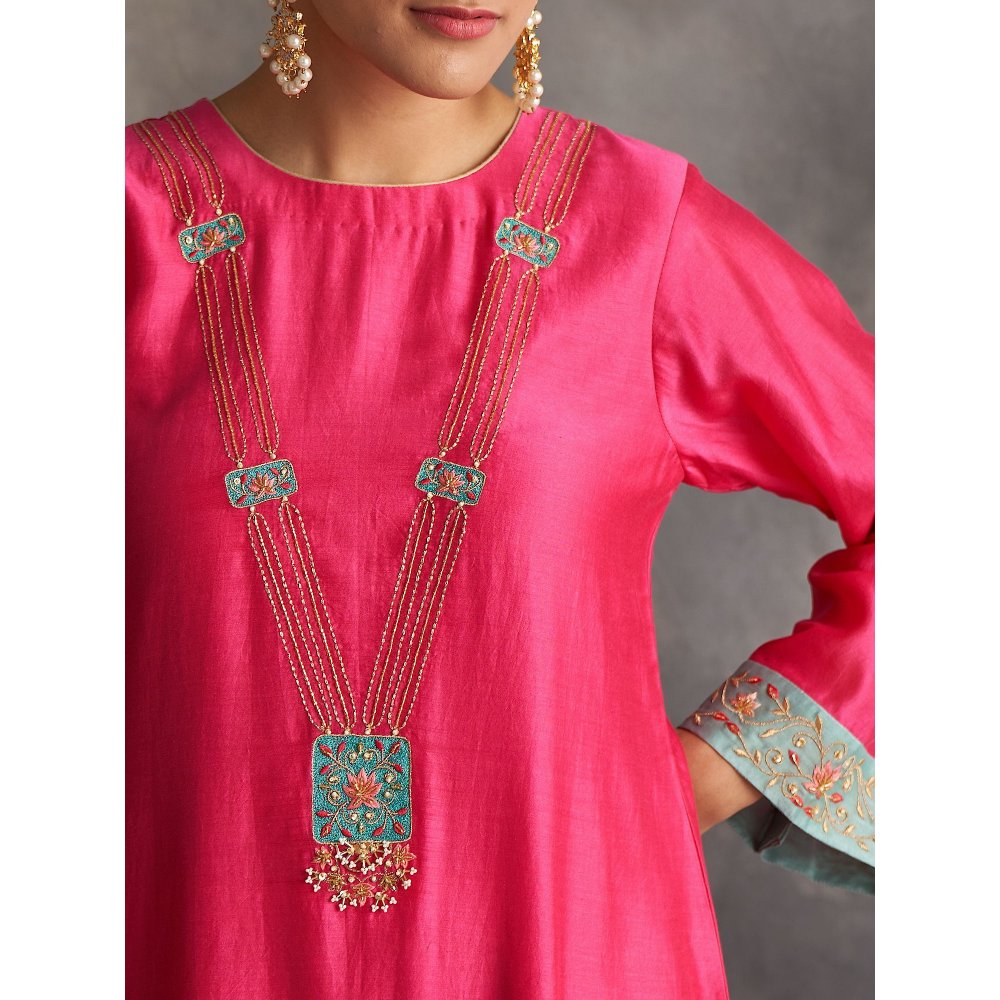 Anantaa by Roohi Trehan Pink Silk Chanderi A-Line Kurta With Hand Embroidery