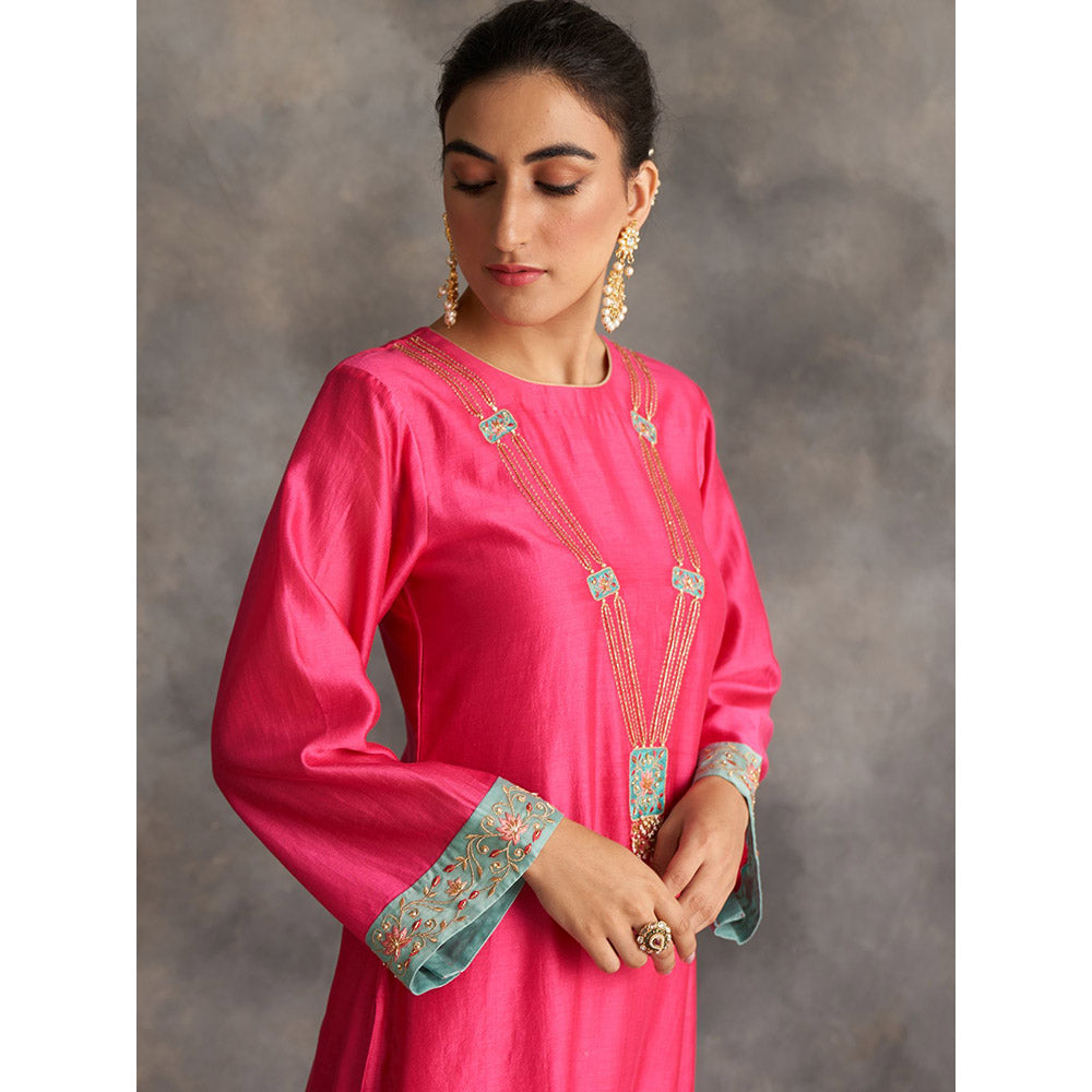 Anantaa by Roohi Trehan Pink Silk Chanderi A-Line Kurta With Hand Embroidery