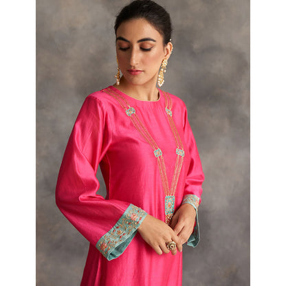 Anantaa by Roohi Trehan Pink Silk Chanderi A-Line Kurta With Hand Embroidery