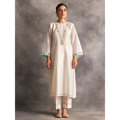 Anantaa by Roohi Trehan Off White Silk Chanderi A-Line Kurta With Hand Embroidery