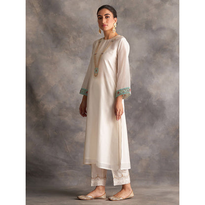 Anantaa by Roohi Trehan Off White Silk Chanderi A-Line Kurta With Hand Embroidery