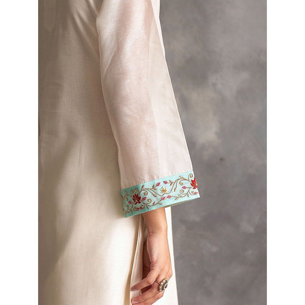 Anantaa by Roohi Trehan Off White Silk Chanderi A-Line Kurta With Hand Embroidery