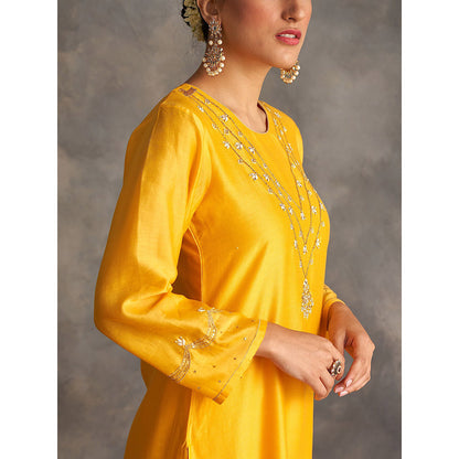 Anantaa by Roohi Trehan Yellow Silk Chanderi A-Line Kurta With Hand Embroidery