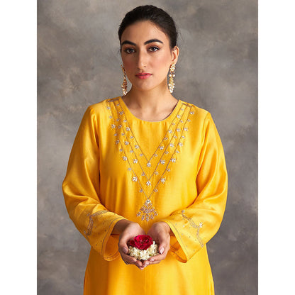 Anantaa by Roohi Trehan Yellow Silk Chanderi A-Line Kurta With Hand Embroidery