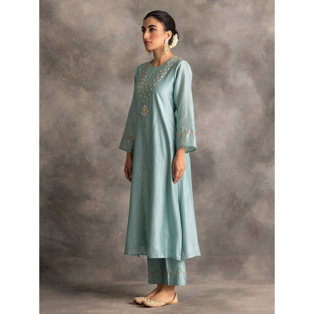 Anantaa by Roohi Trehan Blue Silk Chanderi A-Line Kurta With Hand Embroidery