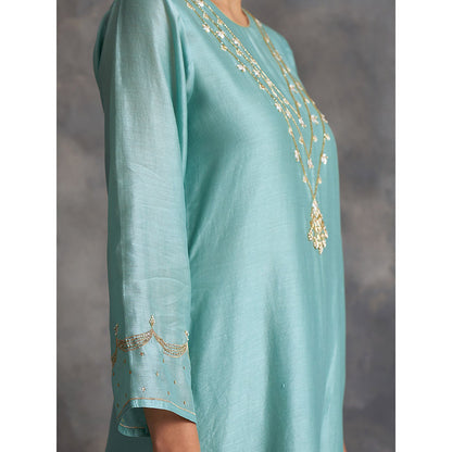 Anantaa by Roohi Trehan Blue Silk Chanderi A-Line Kurta With Hand Embroidery