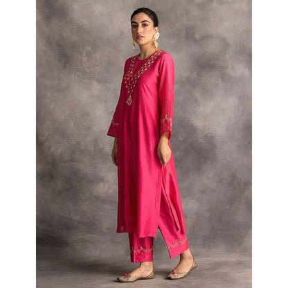 Anantaa by Roohi Trehan Pink Silk Chanderi A-Line Kurta With Hand Embroidery