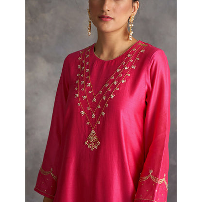 Anantaa by Roohi Trehan Pink Silk Chanderi A-Line Kurta With Hand Embroidery