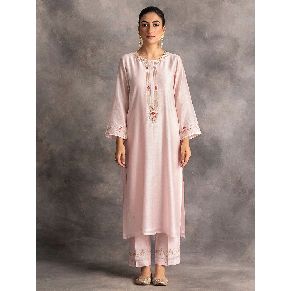 Anantaa by Roohi Trehan Pastel Pink Silk Chanderi A-Line Kurta With Hand Embroidery